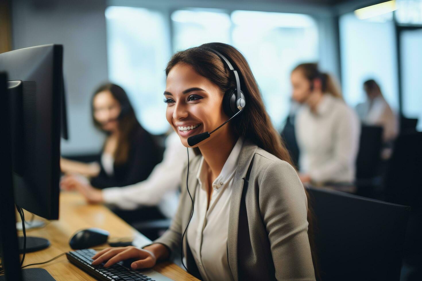 ai généré Beau Jeune homme d'affaire dans écouteurs est en utilisant une ordinateur et souriant tandis que travail dans bureau, une content appel centre agent en utilisant une ordinateur alors que, ai généré photo