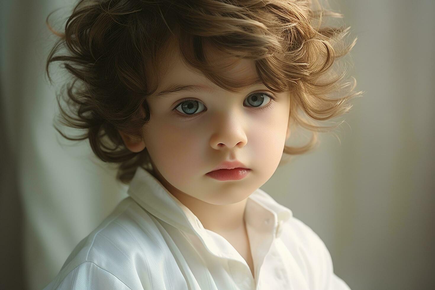 ai généré portrait de une peu garçon avec frisé cheveux dans une blanc chemise, une mignonne bébé avec duveteux cheveux, une jolie garçon, ai généré photo