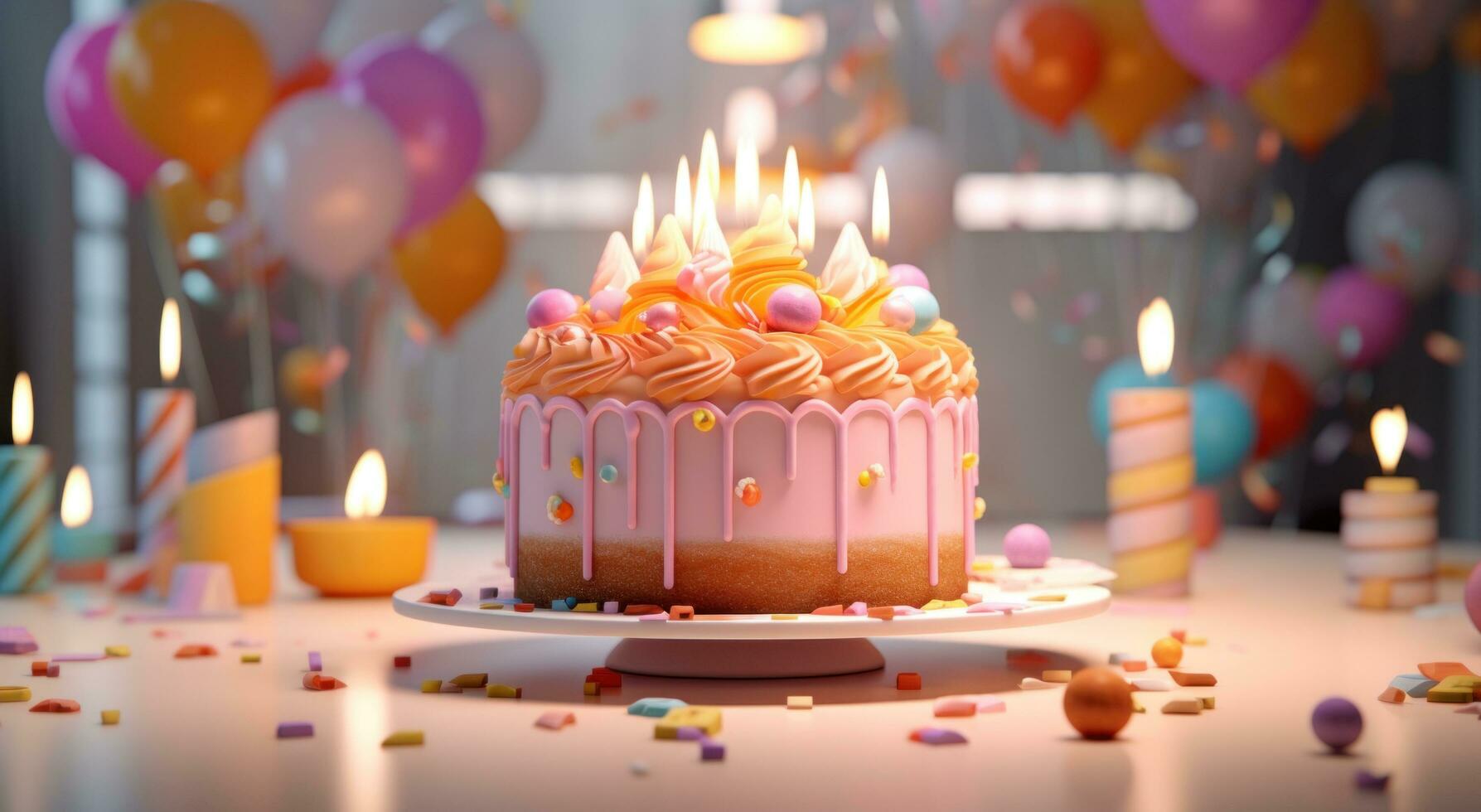 ai généré une anniversaire gâteau est affiché avec allumé bougies sur Haut photo