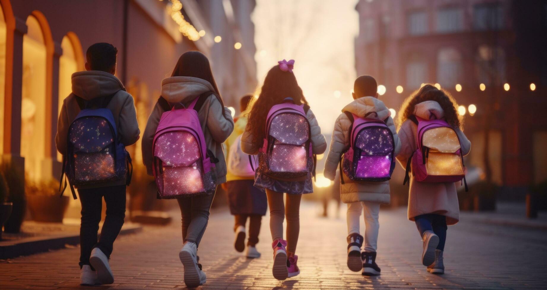 ai généré cinq les enfants avec école sacs à dos en marchant vers le bas une rue avec beaucoup Sacs photo