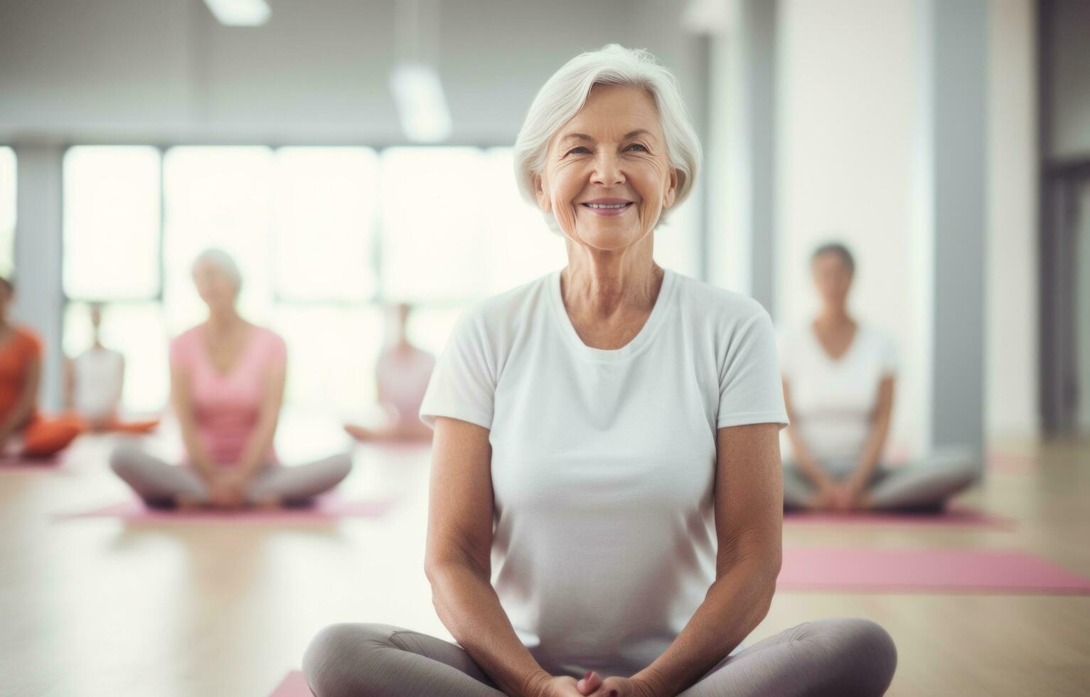 ai généré plus âgée gens pratiquant yoga dans le Gym photo