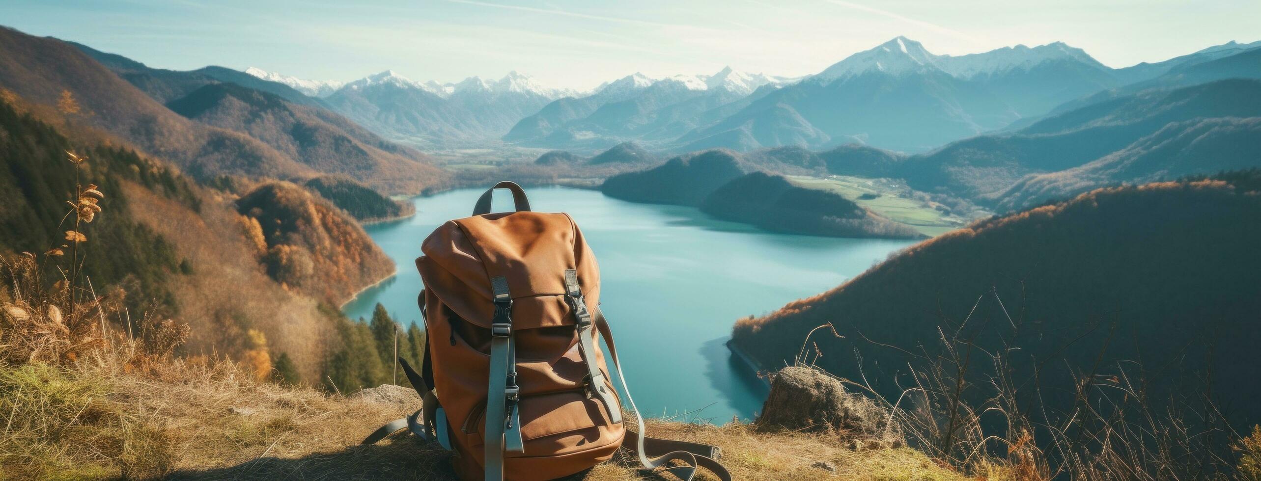 ai généré sac à dos et bottes suivant à une Lac photo