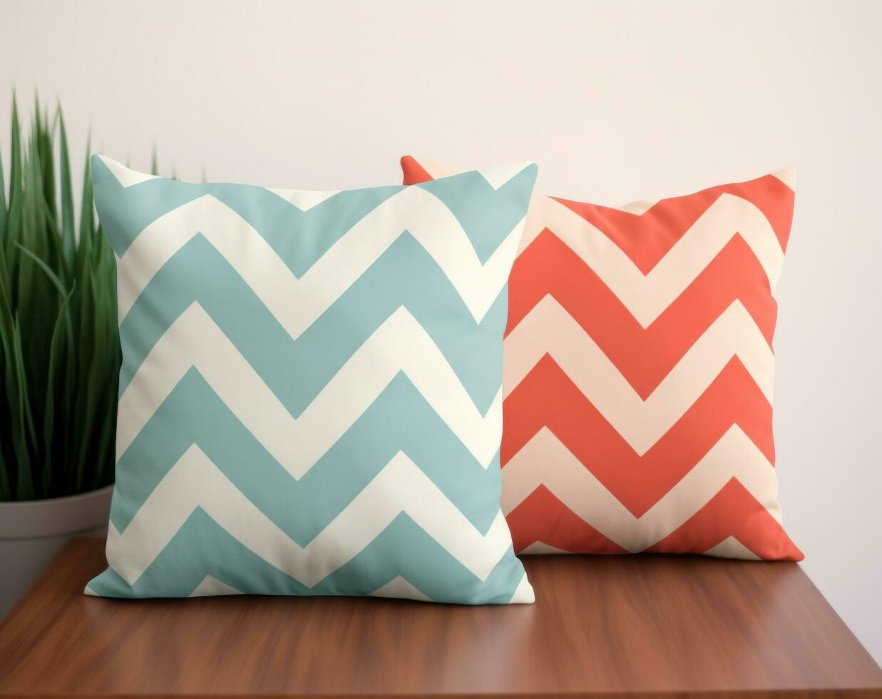 ai généré coussin couvertures png déposer, bleu et corail chevron oreiller couverture photo