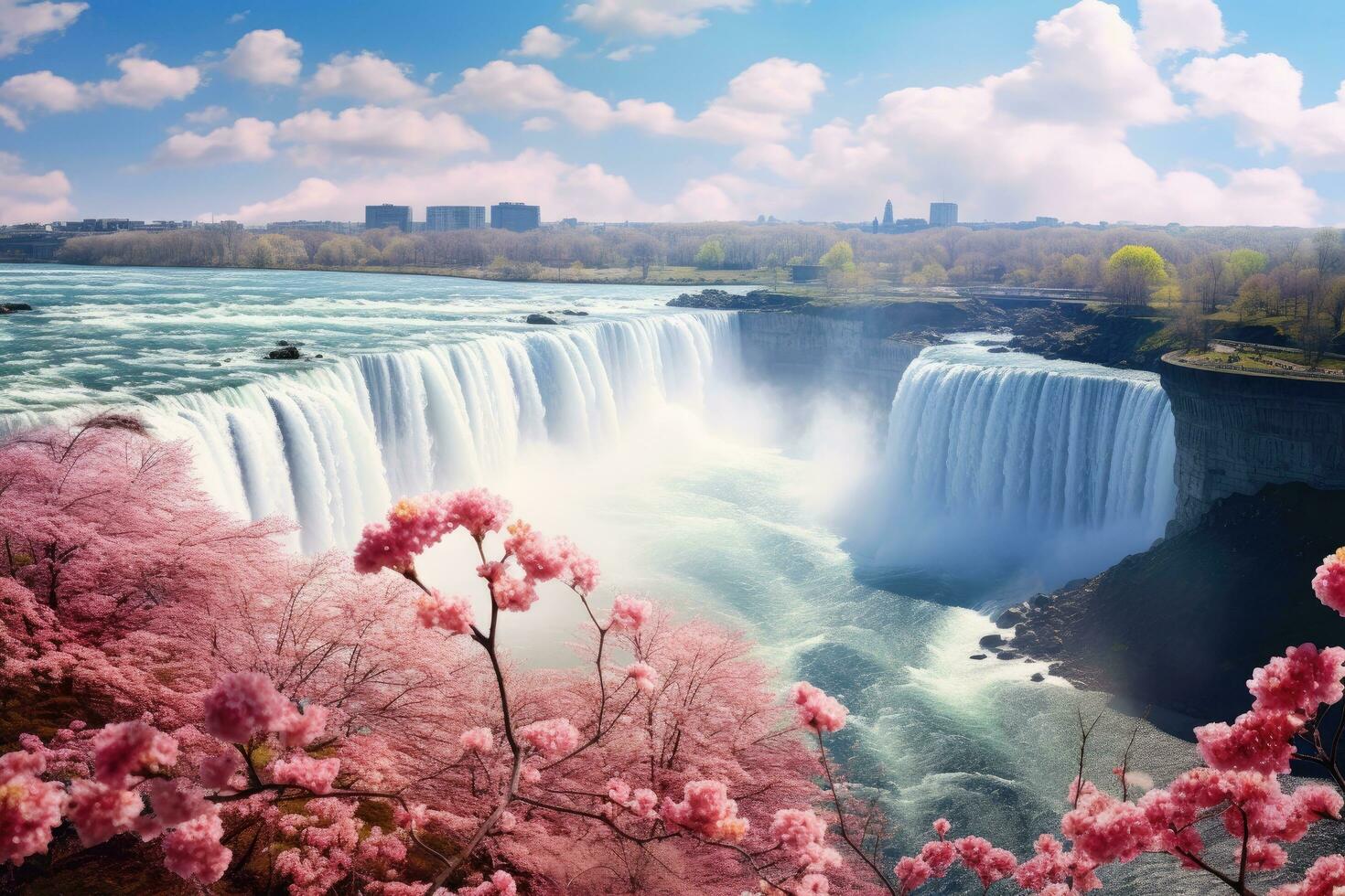 ai généré niagara chutes avec Cerise fleurs dans printemps, Canada, Etats-Unis, magnifique printemps vues de niagara chutes, ai généré photo