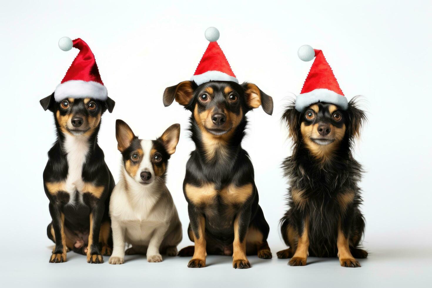 ai généré groupe de carlins portant Noël Chapeaux isolé sur blanc arrière-plan, une groupe de chiens, orné avec Noël Chapeaux, des stands contre un isolé blanc arrière-plan, ai généré photo