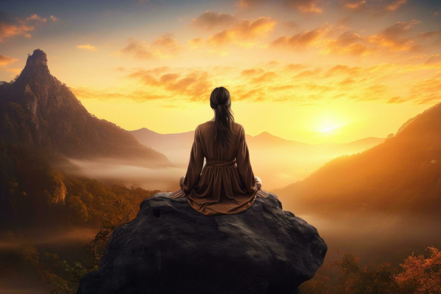 ai généré Jeune femme séance sur le Roche et à la recherche à le vallée à coucher de soleil, une femelle méditer sur Haut de une Montagne avec une magnifique le coucher du soleil arrière-plan, plein corps, ai généré photo