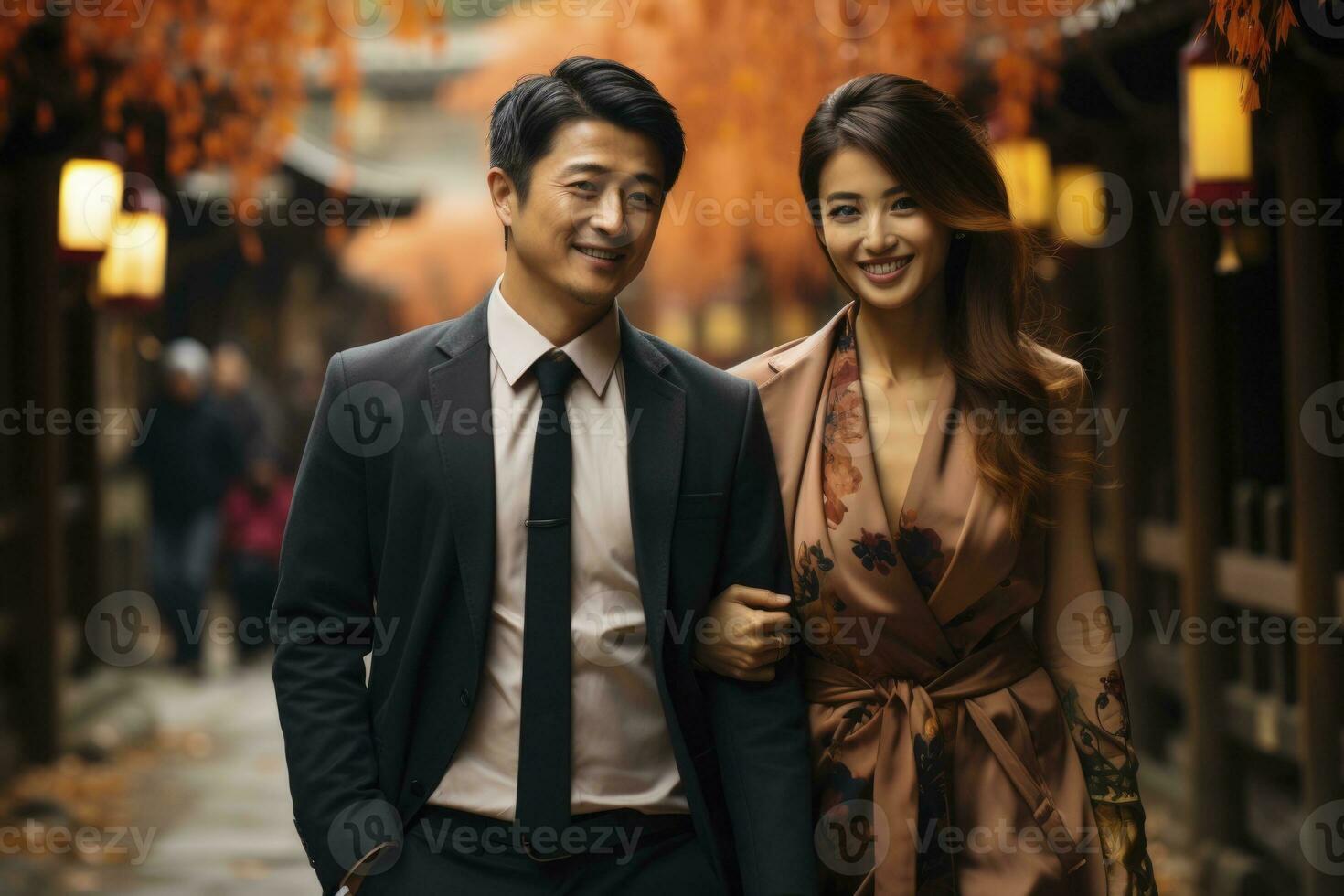 ai généré asiatique couple dans l'amour marche. génératif ai photo