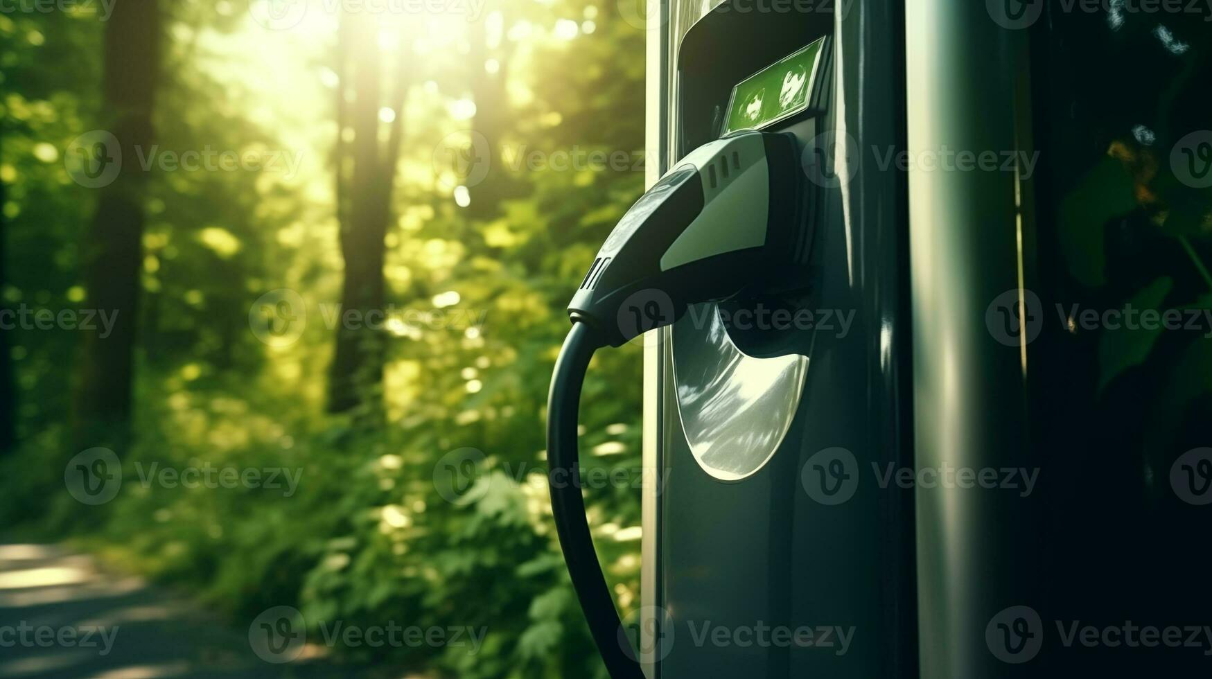 ai généré un électrique véhicule mise en charge dans le les bois photo