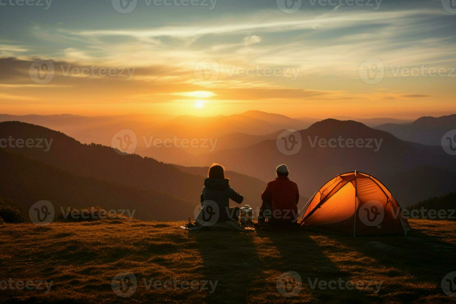 ai généré tente côté collage couple regards à scénique le coucher du soleil sur montagneux va-t-en photo