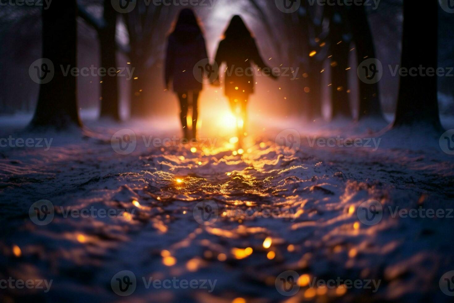 ai généré le coucher du soleil neige marcher la personne sur neigeux route, baigné dans crépuscule photo