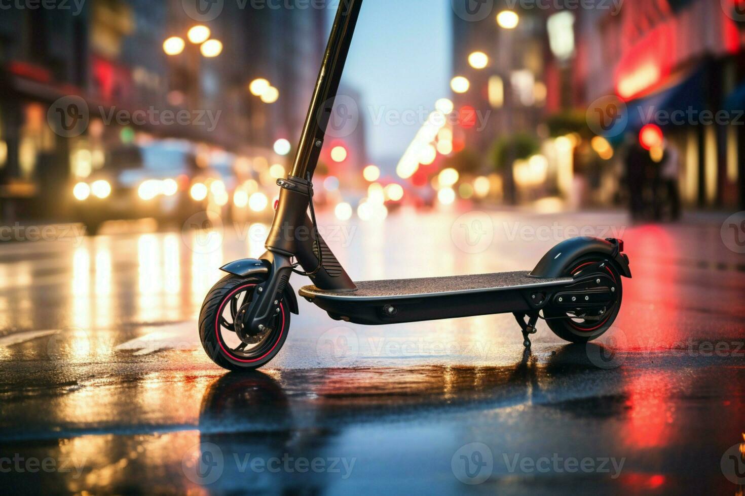 ai généré ville rue aventure la personne fermetures éclair sur électrique scooter, moderne faire la navette photo