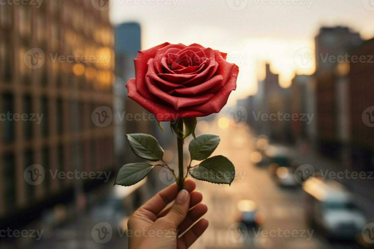 ai généré Urbain romance la personne détient rouge Rose contre vibrant ville toile de fond photo