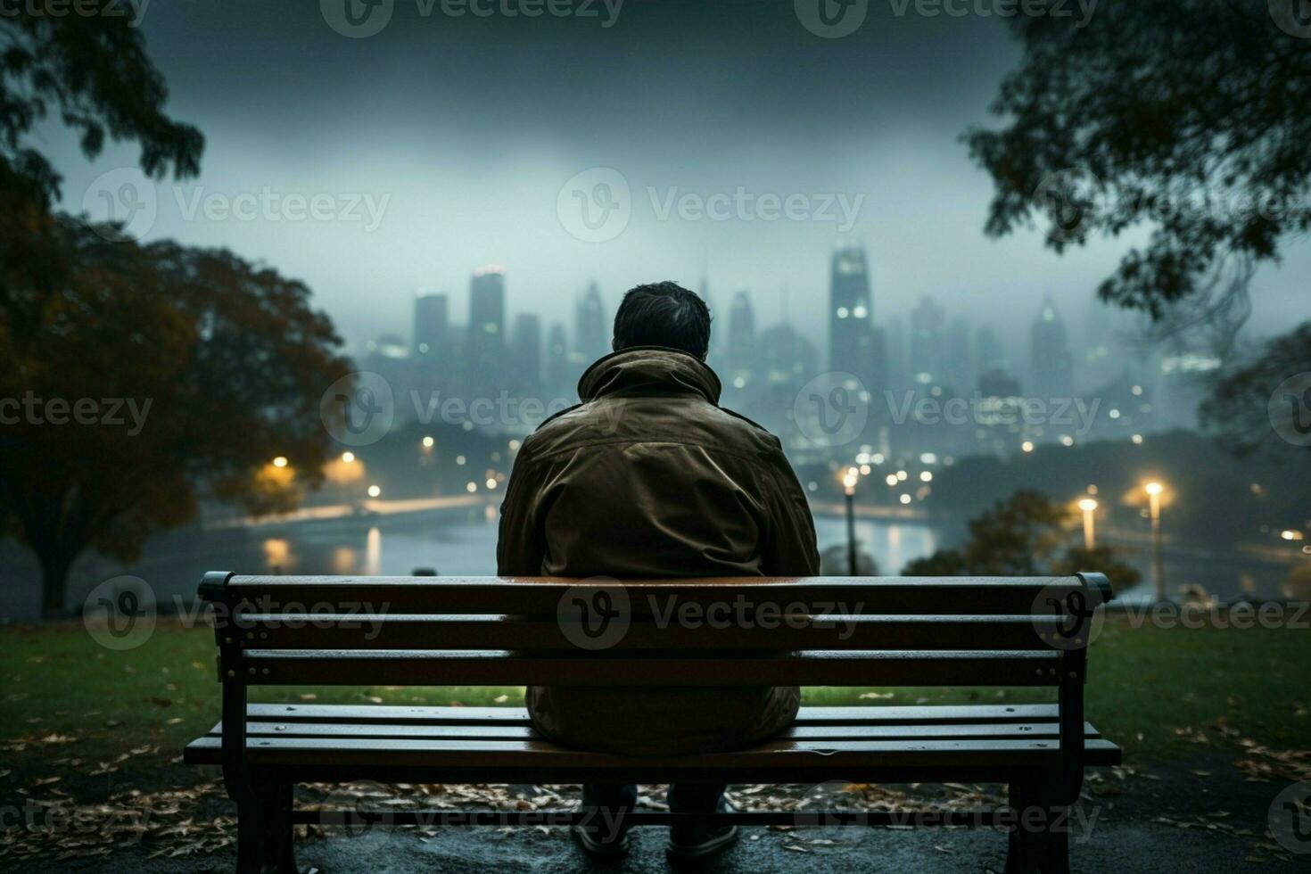 ai généré pluvieux journée repos la personne sur une banc, ville vue obscurci photo