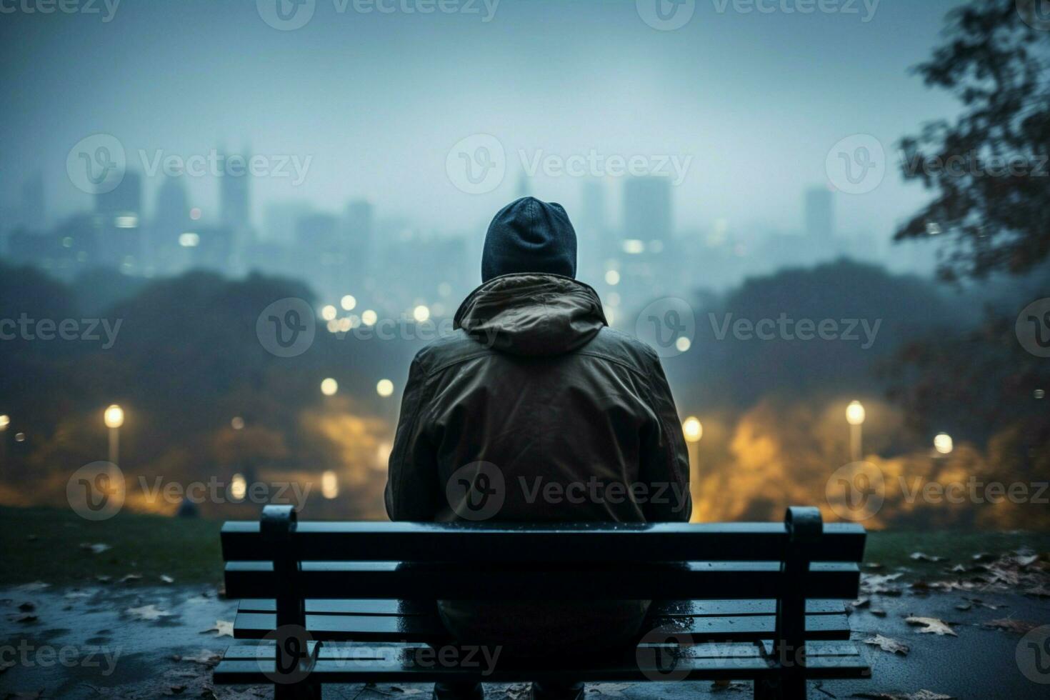 ai généré pluvieux solitude la personne est assis sur banc, contemplant paysage urbain dans pluviométrie photo