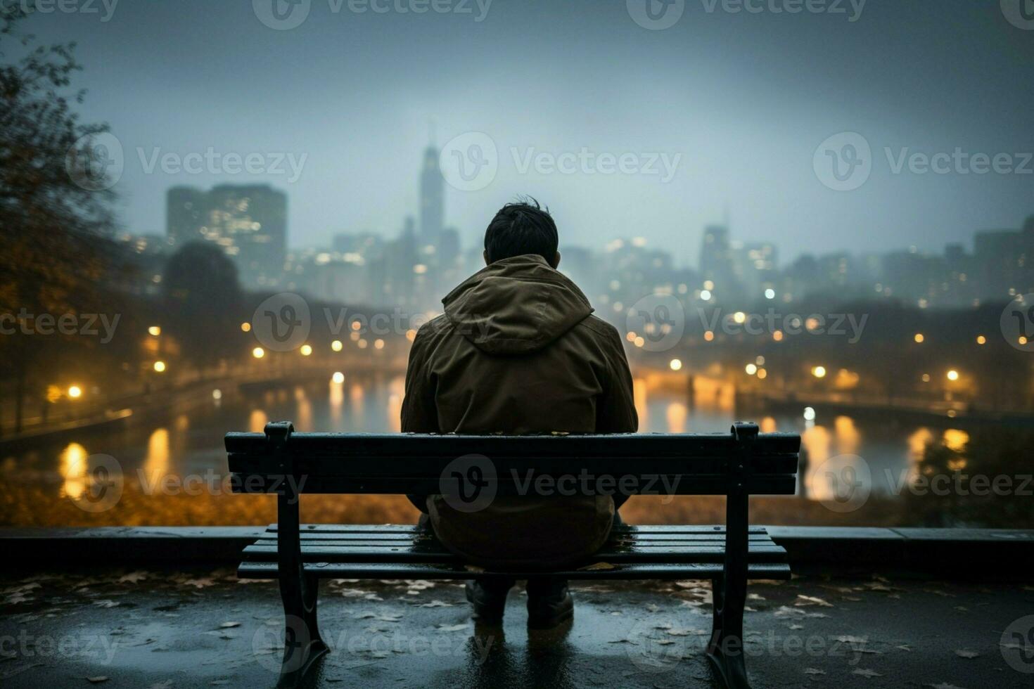 ai généré banc solitude la personne embrasse pluvieux temps contre ville toile de fond photo