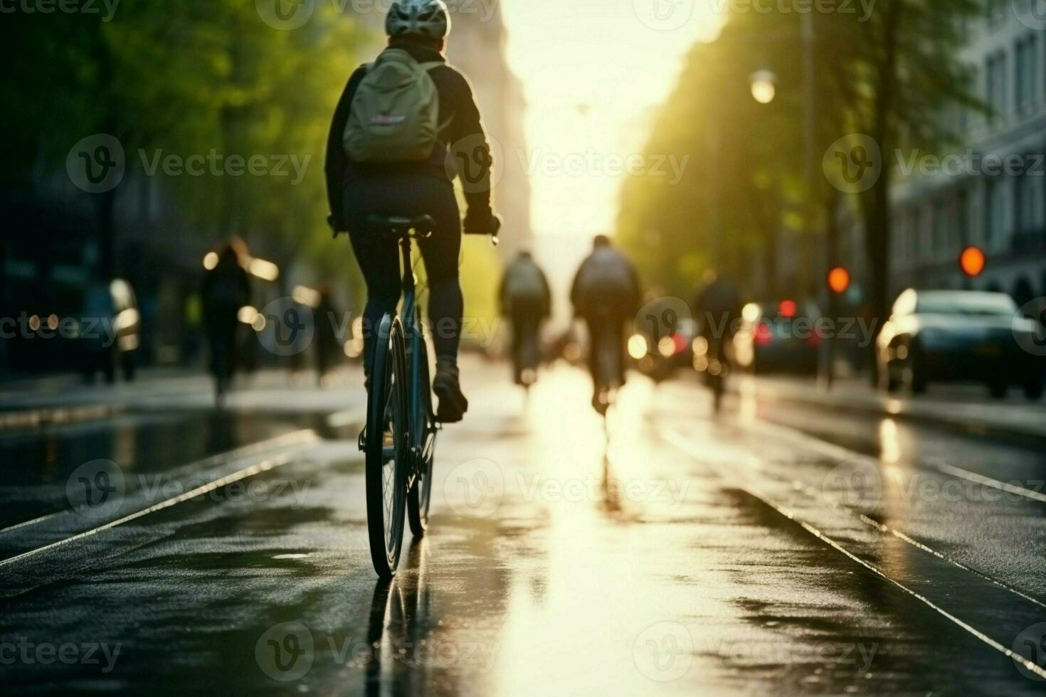 ai généré ville cyclistes dans mouvement pédaler par des rues, partie de paysage urbain photo