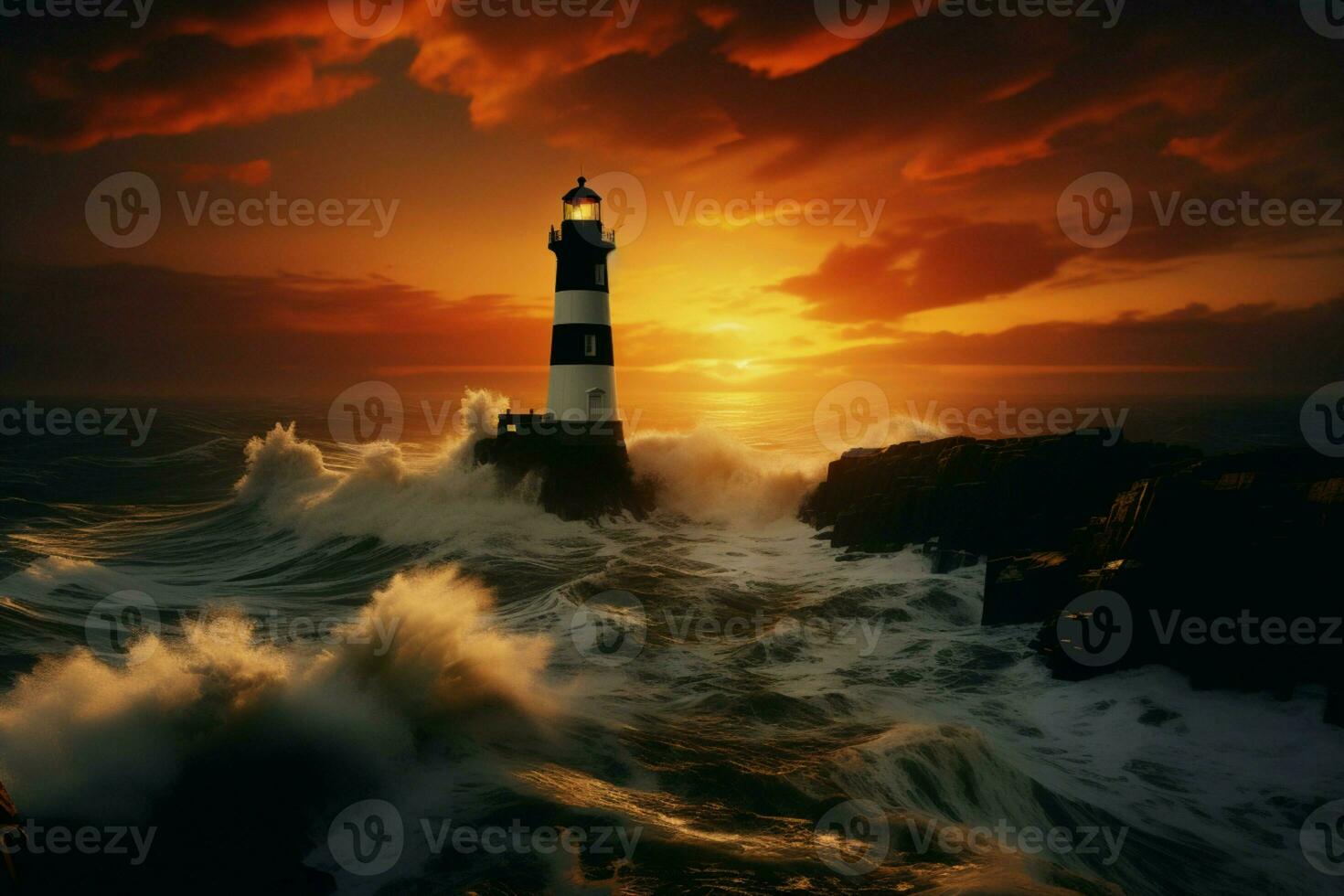 ai généré soir regarder côtier phare un haut robuste falaises contre une le coucher du soleil toile de fond photo