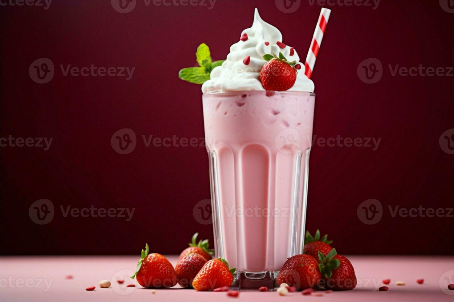 ai généré estivale indulgence rose Frais Milk-shake avec fraise, yaourt, et crème photo