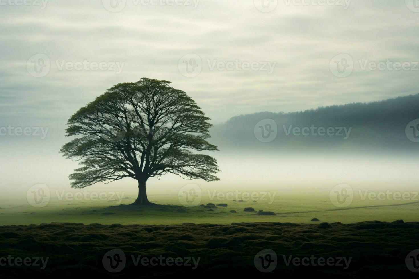 ai généré seul arbre émerge gracieusement de le brouillard dans un ouvert champ photo
