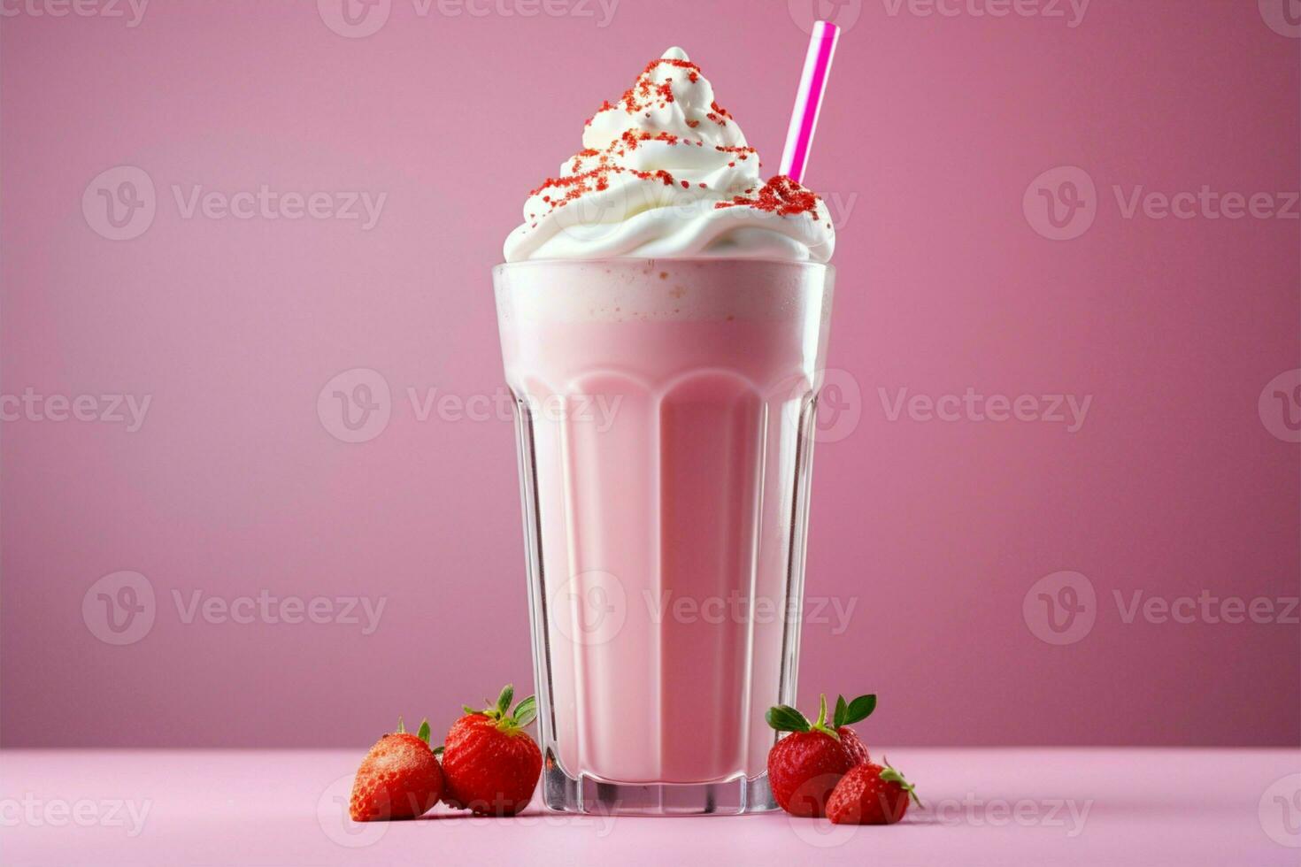 ai généré estivale indulgence rose Frais Milk-shake avec fraise, yaourt, et crème photo