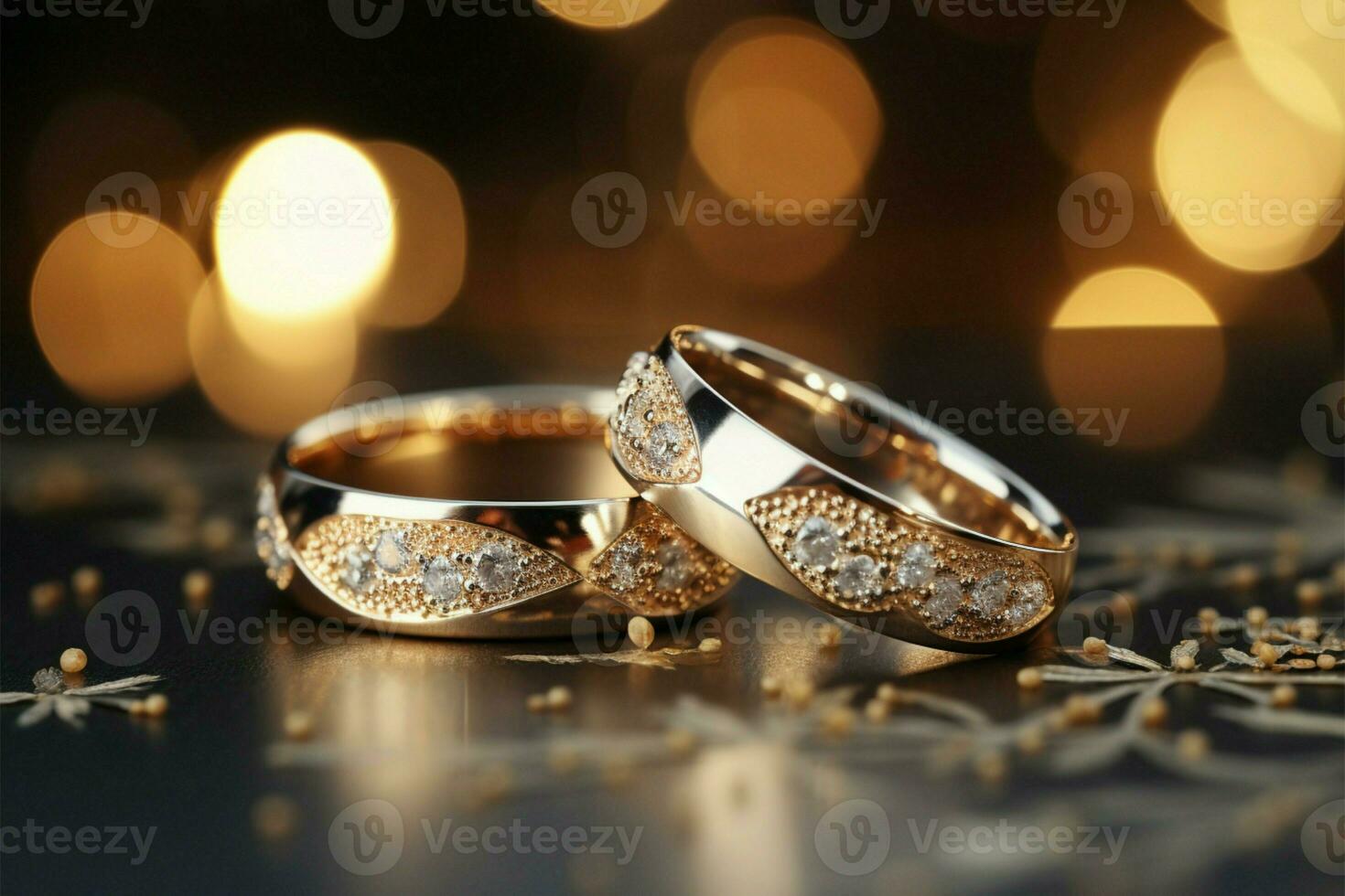 ai généré pétillant syndicat mariage anneaux avec argent et or sur bokeh photo