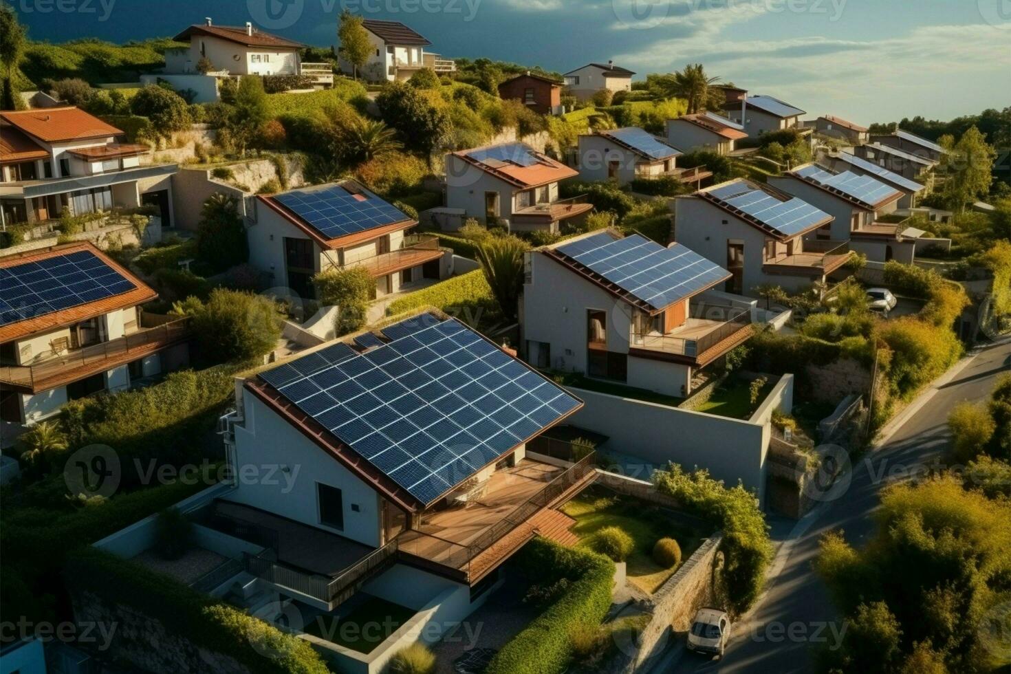 ai généré Soleil alimenté maisons aérien la perspective de Maisons avec solaire installations photo