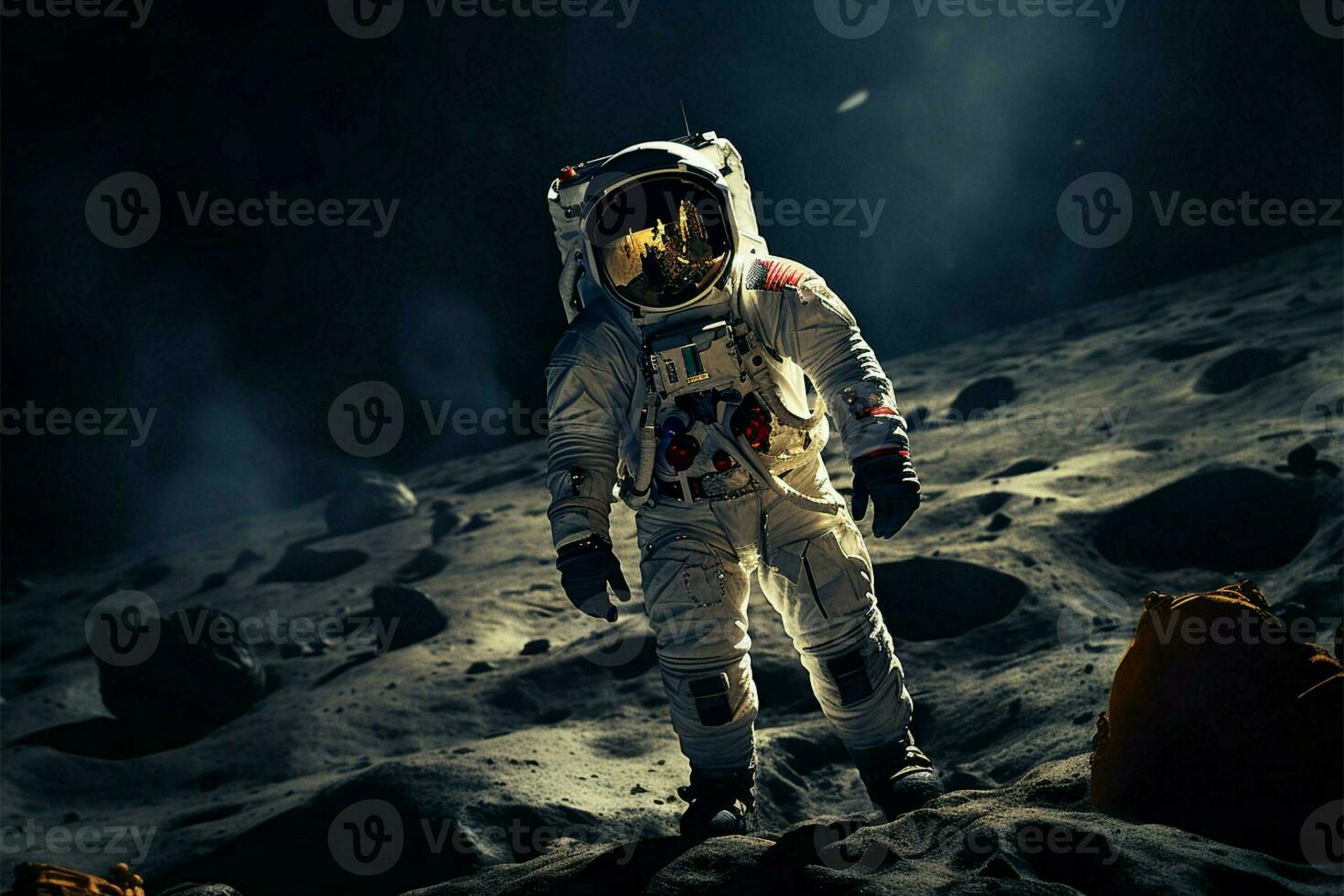 ai généré lunaire exploration astronaute dans espace costume des promenades sur le lune photo