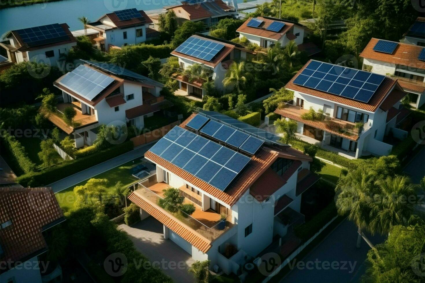 ai généré durable vivant aérien vue de Résidentiel solaire panneau installations photo