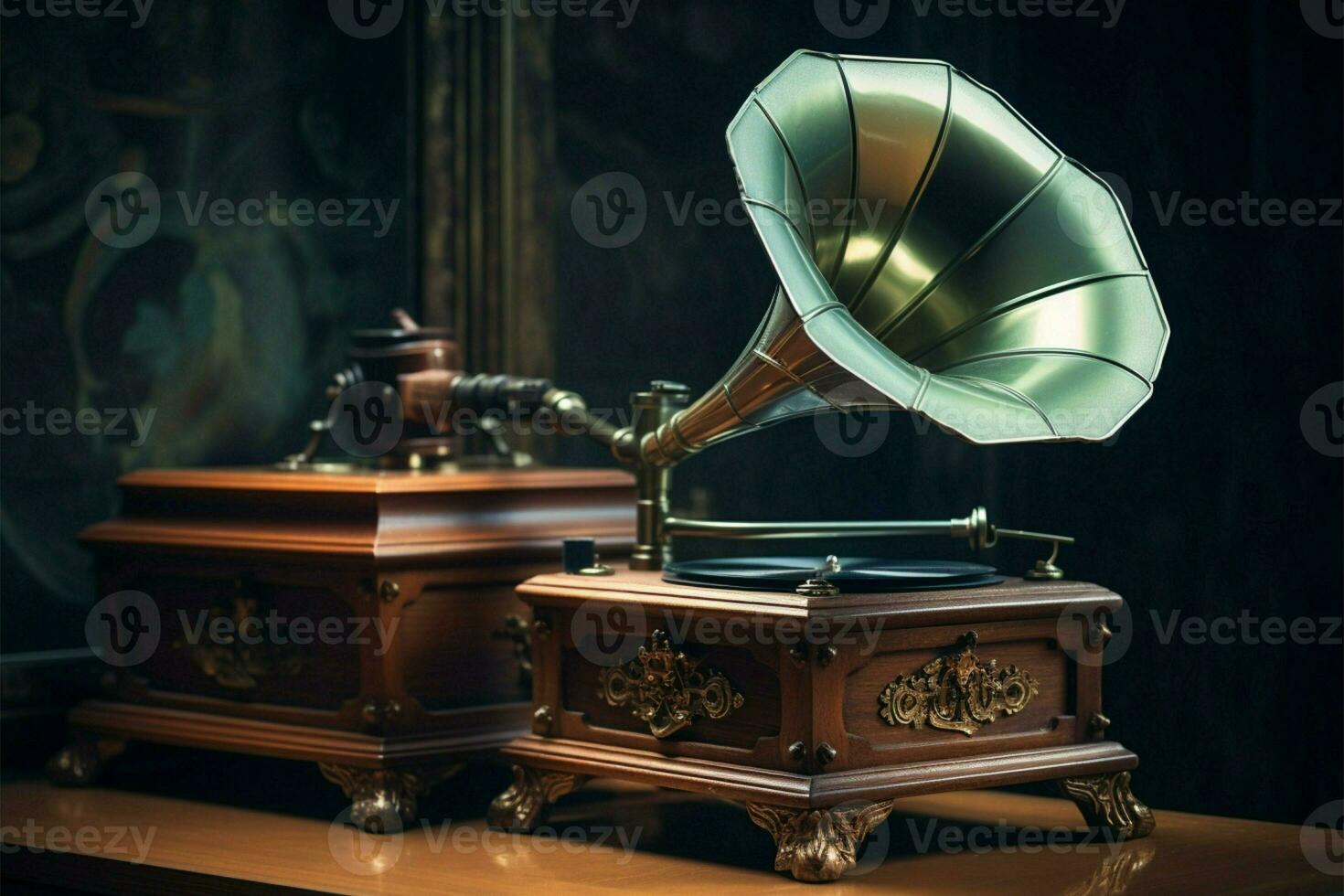 ai généré antique élégance ancien bleu vert gramophone sur une Années 90 concept Contexte photo