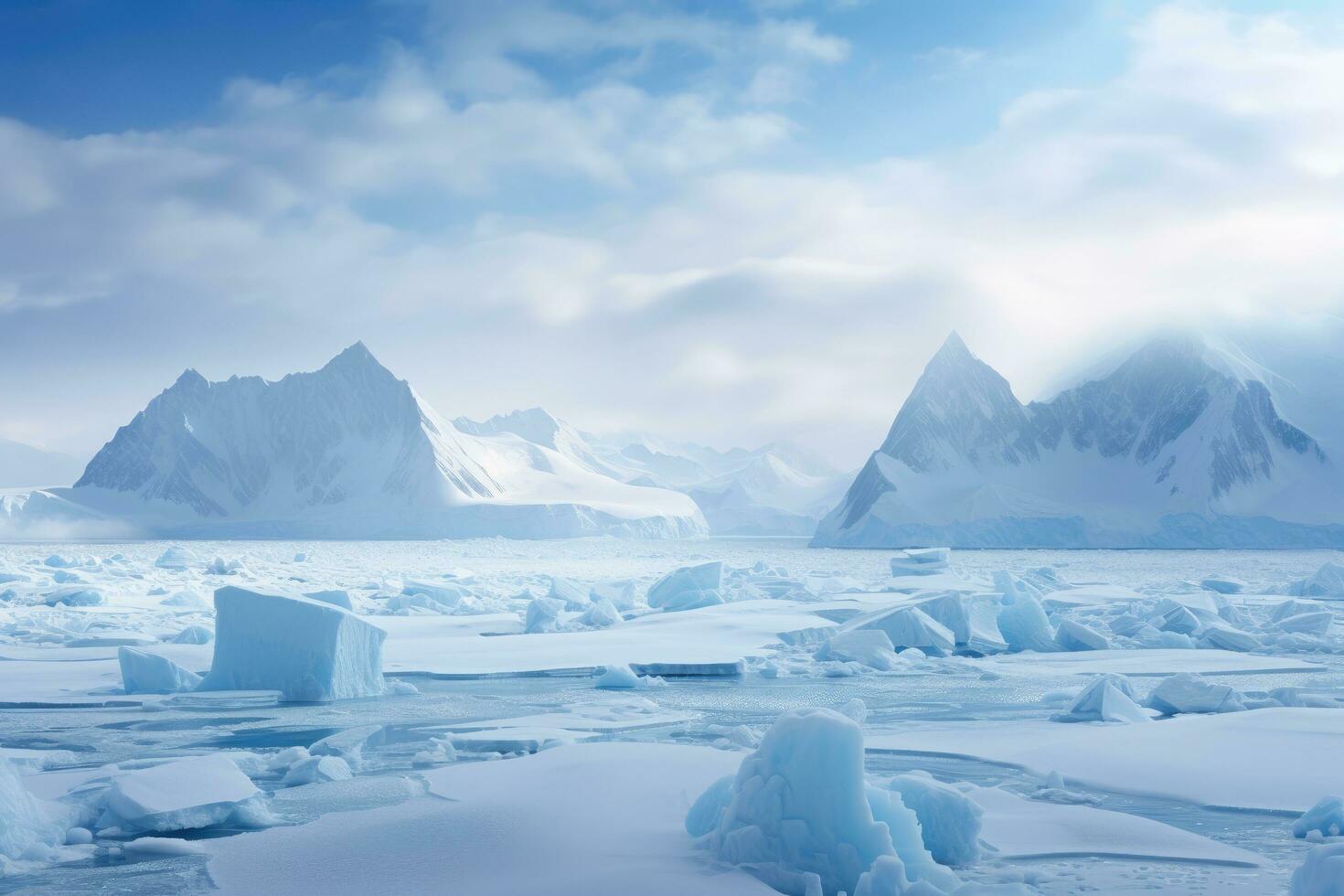 ai généré antarctique paysage avec icebergs et montagnes. 3d le rendu, bleu couvert de glace montagnes dans le Sud polaire océan, hiver antarctique paysage, ai généré photo