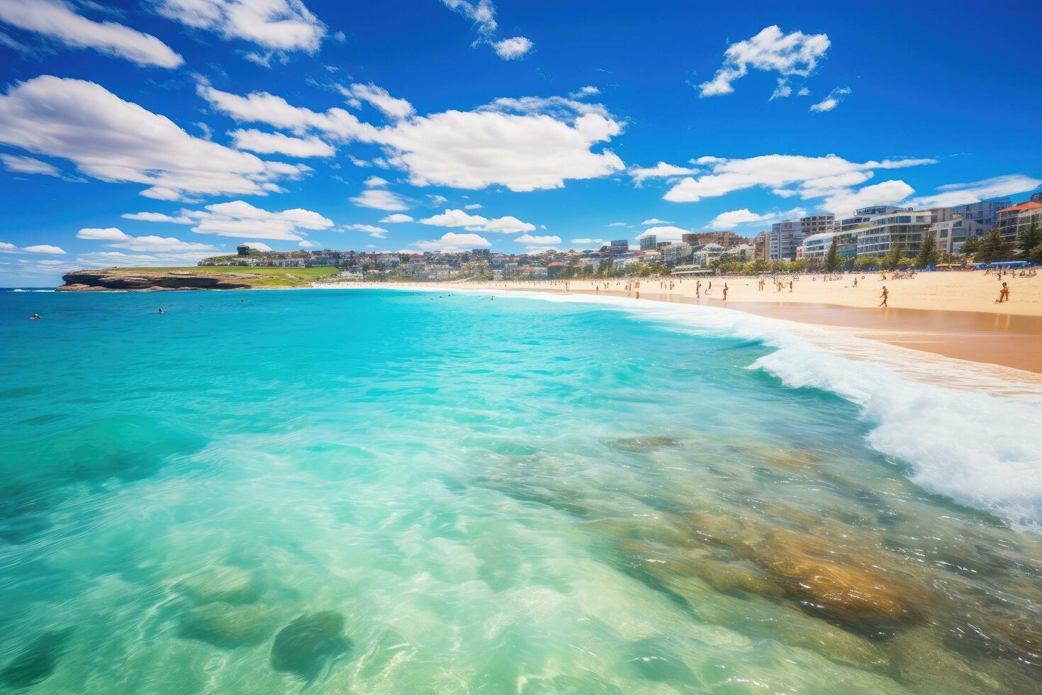 ai généré vue de bondi plage, Sydney, Australie. bondi plage est un de le plus populaire des plages dans Sydney, bondi plage dans Sydney, Nouveau Sud Pays de Galles, Australie, ai généré photo