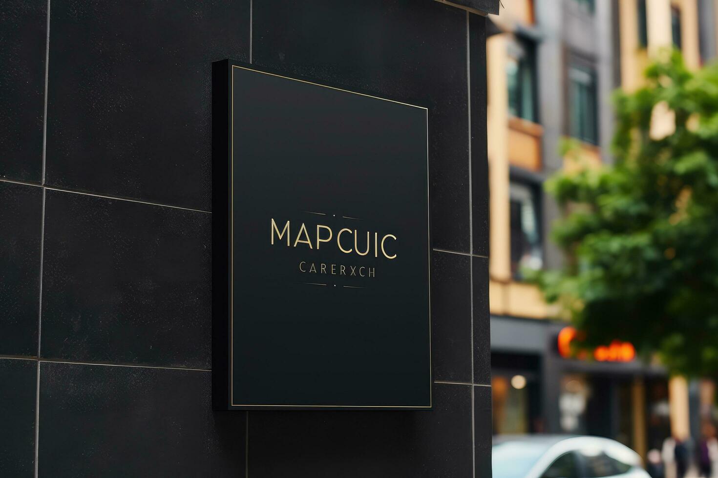 ai généré façade de manacu boutique dans Londres, Angleterre. manacu est une luxe mode et beauté marque, noir carré enseigne maquette à l'extérieur de une bâtiment, ai généré photo