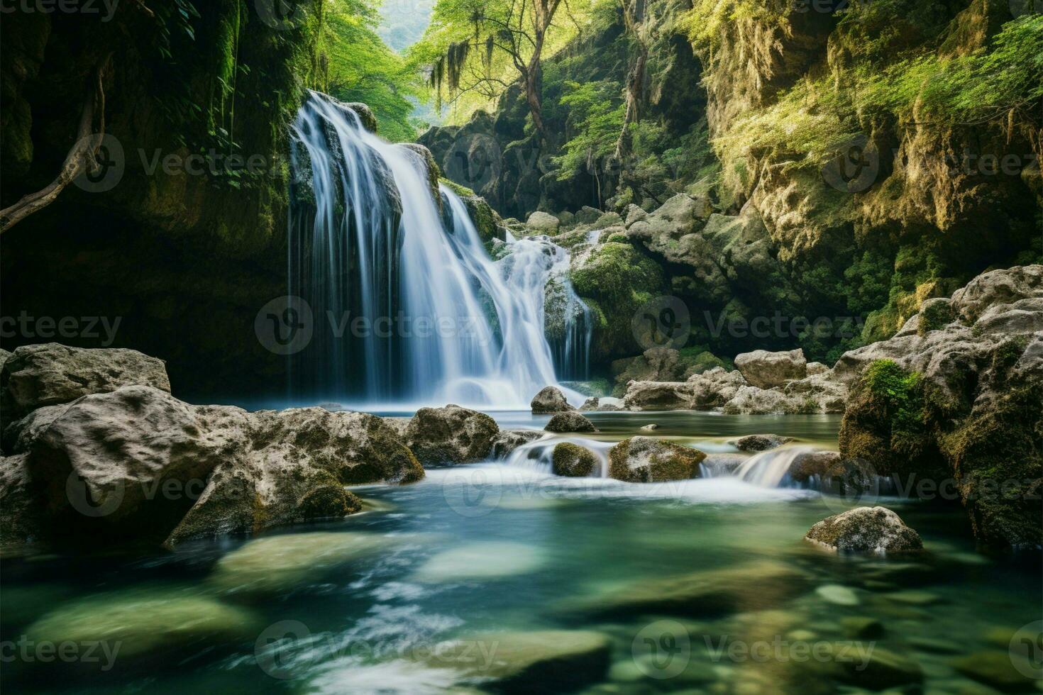 ai généré cascade merveille jogkradin dans le Profond forêt à Kanchanaburi, Naturel beauté photo