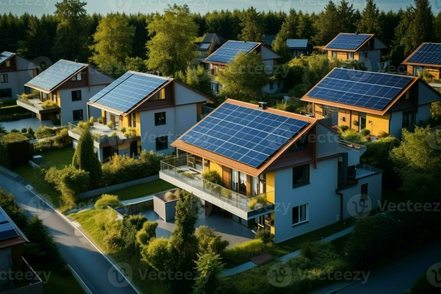 ai généré aérien solaire panorama Maisons équipé avec toit solaire panneau systèmes photo