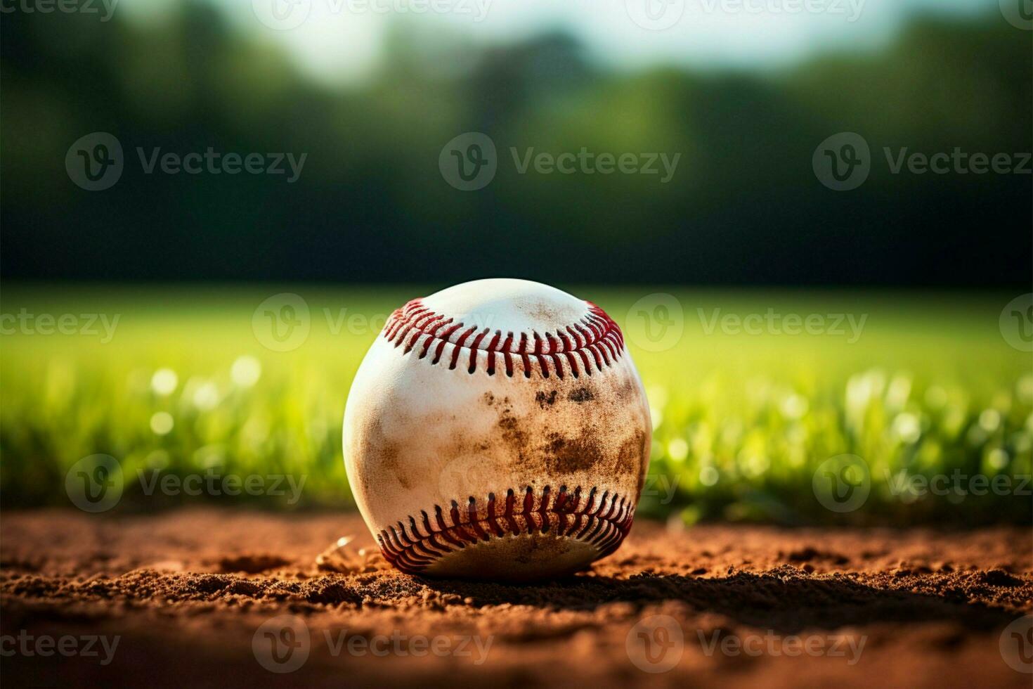 ai généré champ de rêves ancien base-ball Balle sur une herbeux Contexte photo