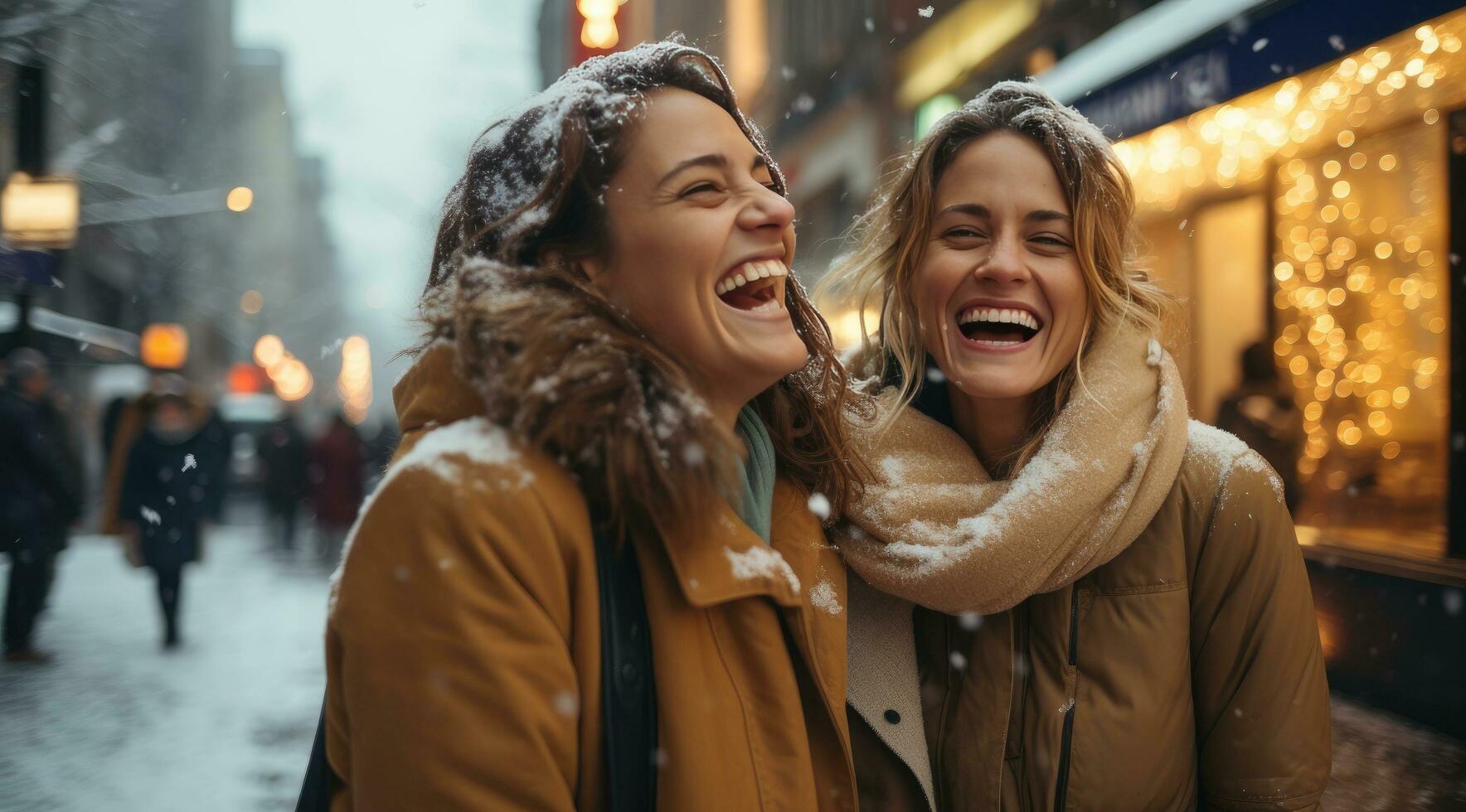 ai généré deux femmes sont dans le milieu de le pluie et neige en portant achats Sacs photo