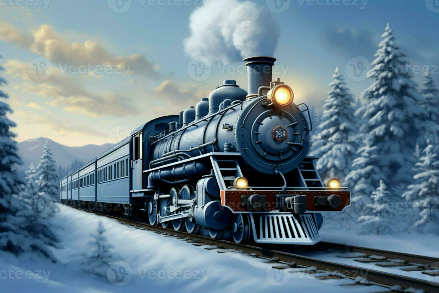 ai généré forêt expédition 3d illustration dépeint une vapeur locomotive dans hiver paysage photo
