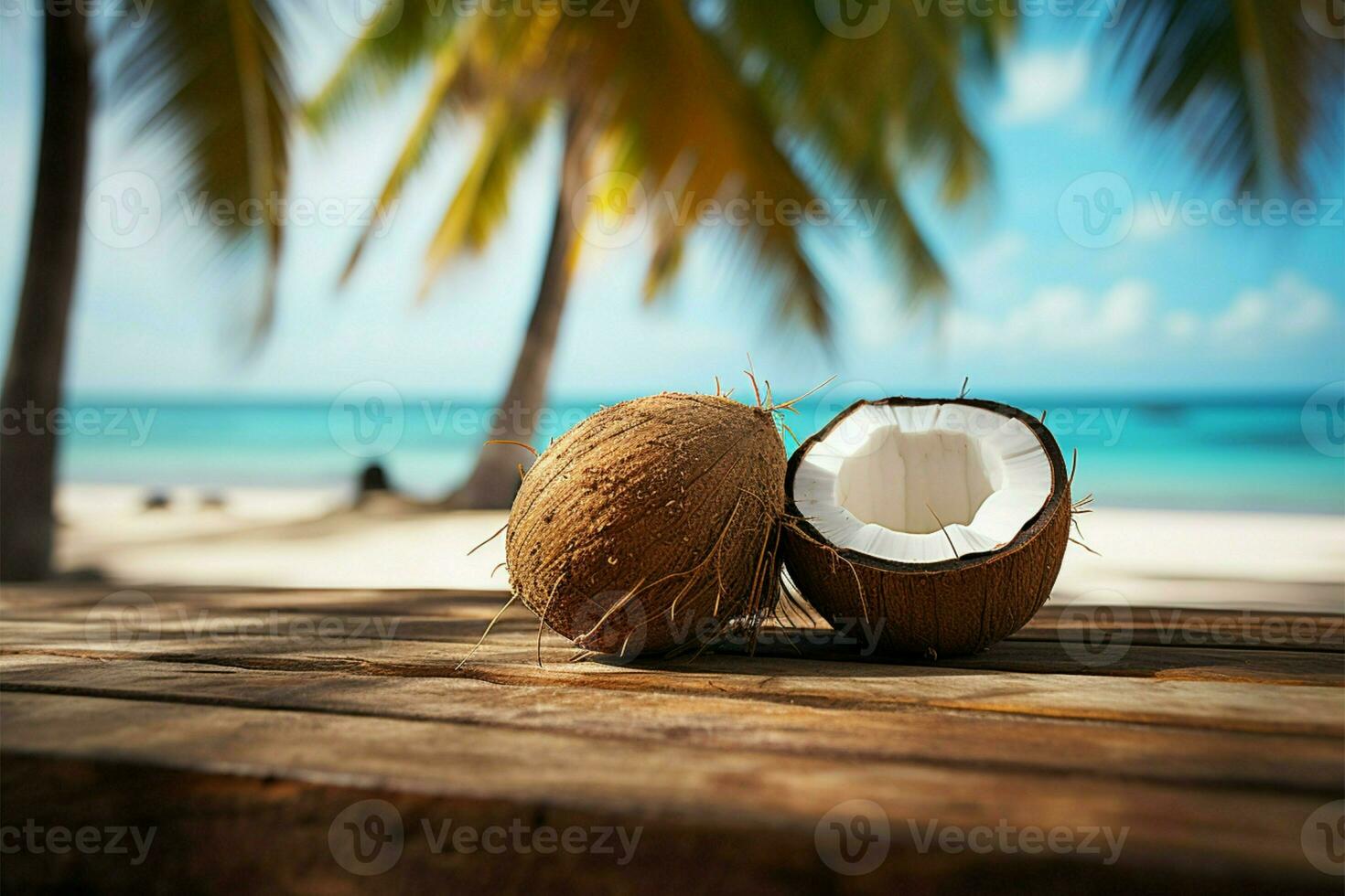 ai généré été sérénité tropical plage réglage avec en bois table et noix de coco photo