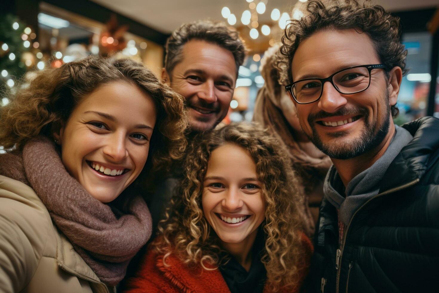 ai généré quatre gens avec Noël cadeaux prise une selfie dans de face de Noël arbre photo