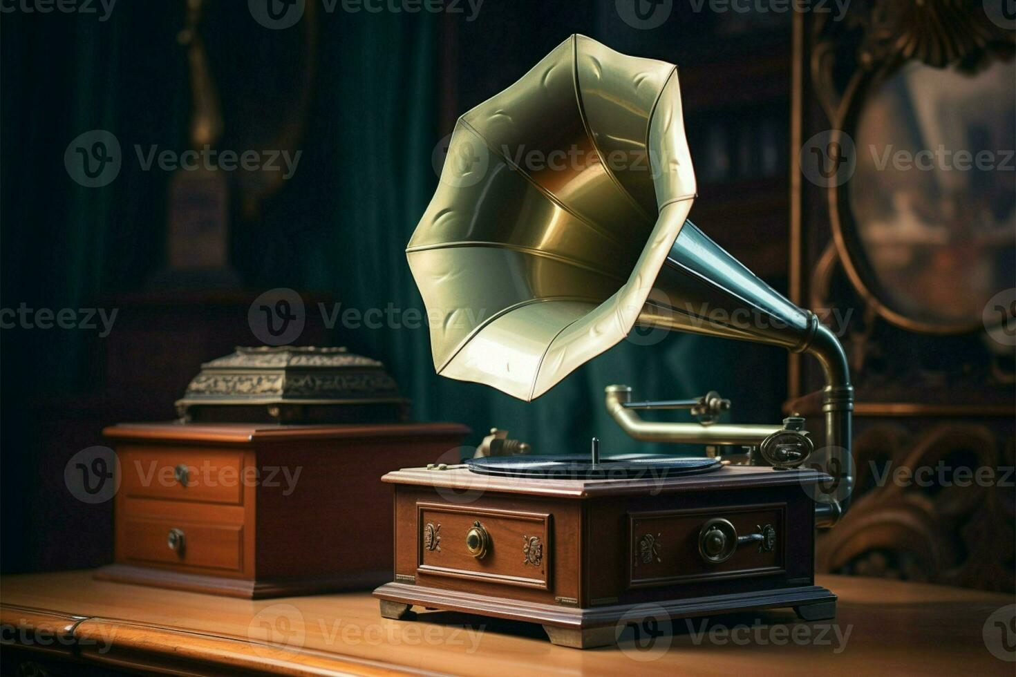 ai généré nostalgique airs ancien bleu vert gramophone sur Années 90 concept filtré Contexte photo
