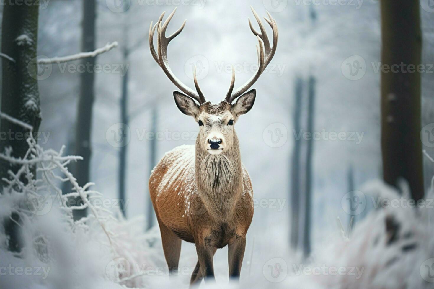 ai généré majestueux solitude cerf dans une hiver les forêts neige couvert champ photo