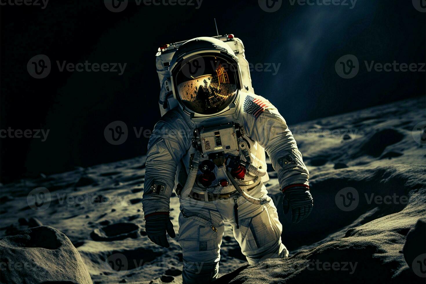 ai généré lunaire exploration astronaute dans espace costume des promenades sur le lune photo