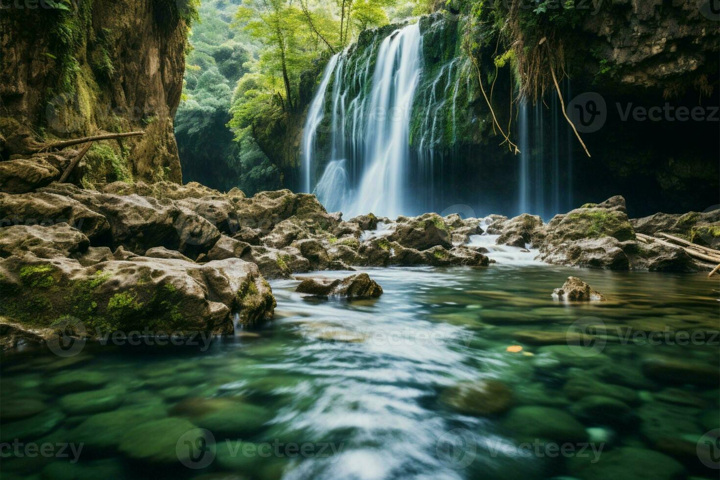 ai généré Profond forêt tranquillité Naturel Contexte photo à Kanchanaburi émeraude cascade