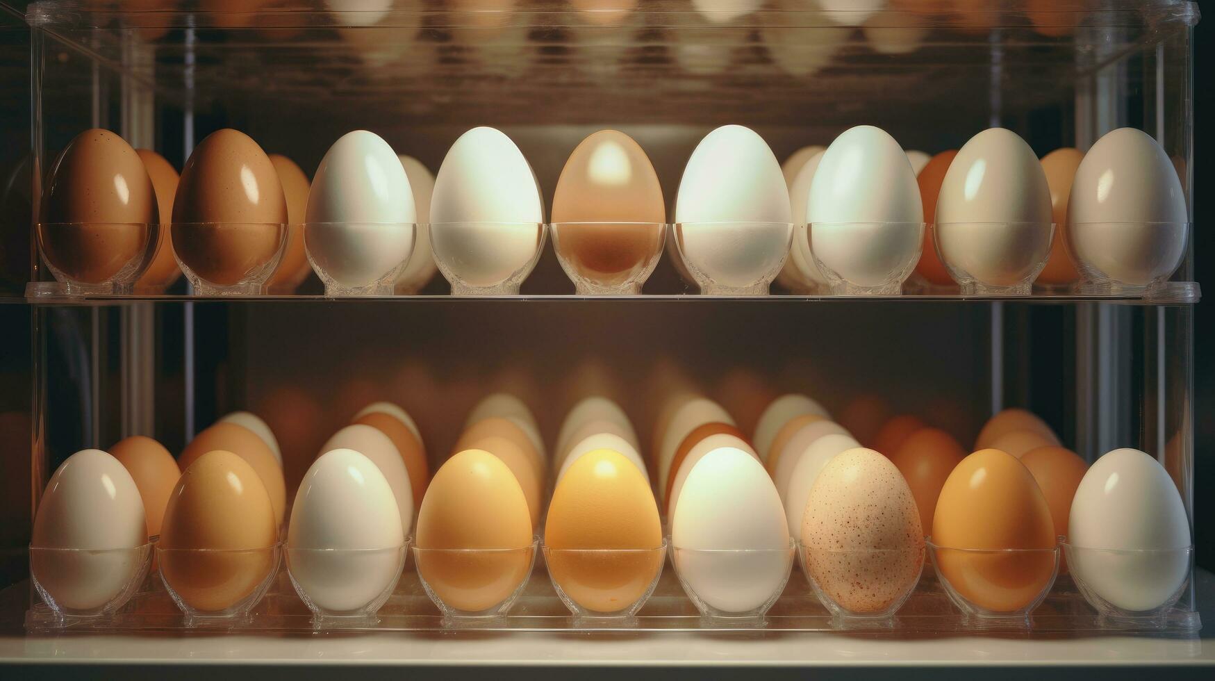 ai généré une photo montrant des œufs sur plateaux dans un ouvert réfrigérateur