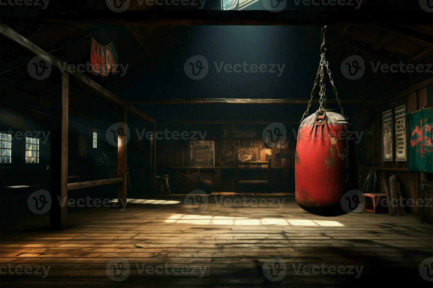 ai généré rétro faire des exercices espace vieux ancien Gym avec une boxe cuir photo