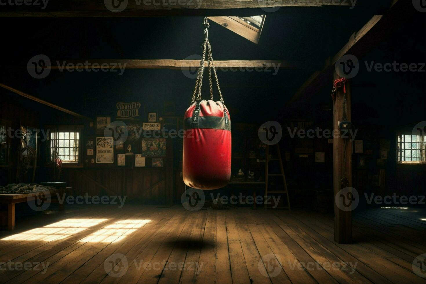 ai généré formation nostalgie vieux ancien Gym pièce avec classique boxe équipement photo