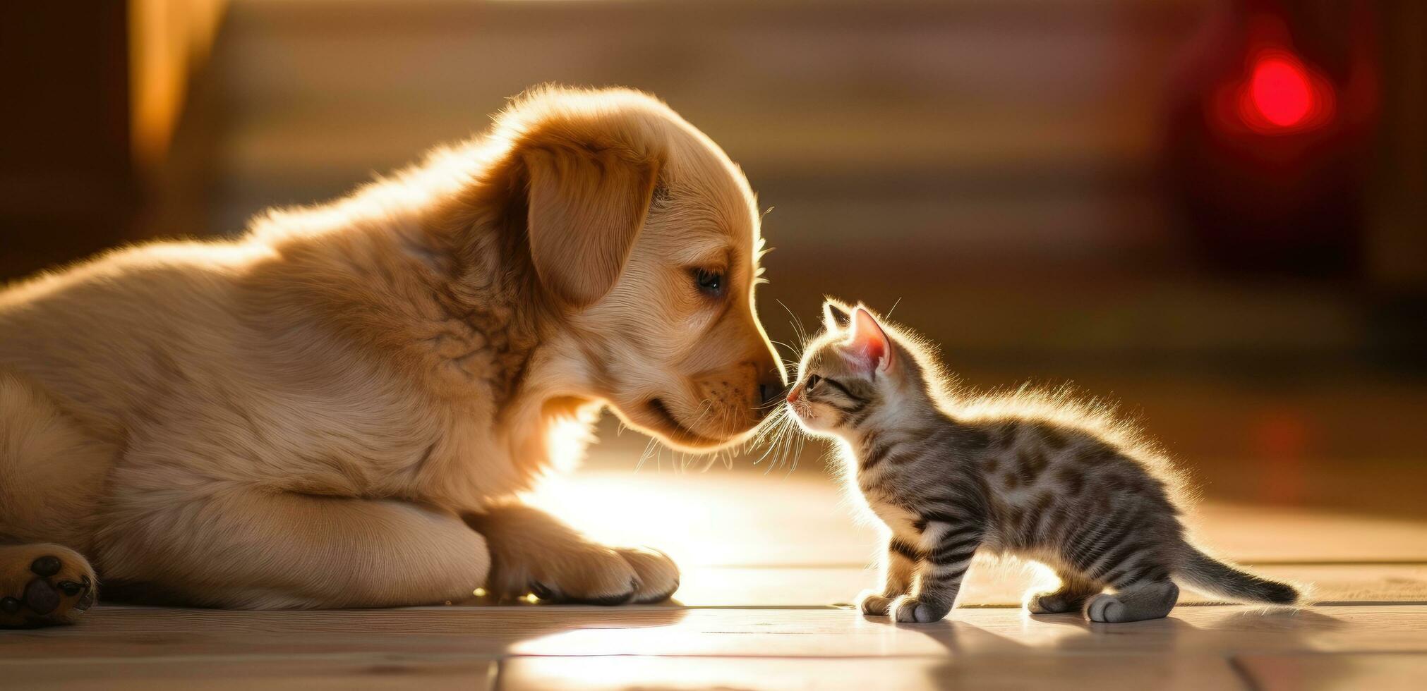 ai généré une chien est embrasser une chaton sur le sol avec rouge bas photo