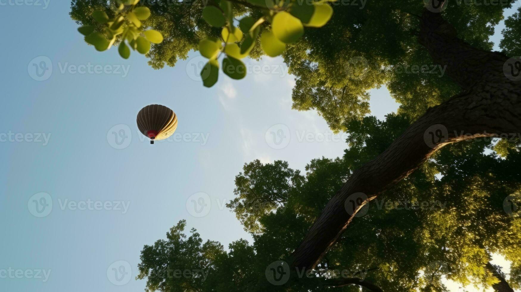 ai généré une chaud air ballon planant au dessus une dense forêt, gracieusement navigation par le grand des arbres. génératif ai photo