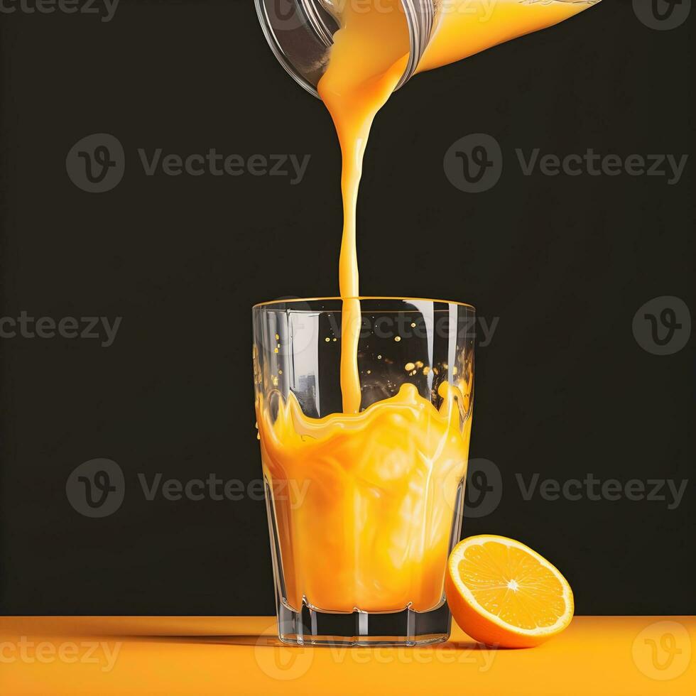 ai généré lanceur rempli avec fraîchement pressé Orange jus étant versé dans une clair verre. Frais Orange jus dans une verre avec éclaboussures et gouttes. le jus est verser de le carafe photo