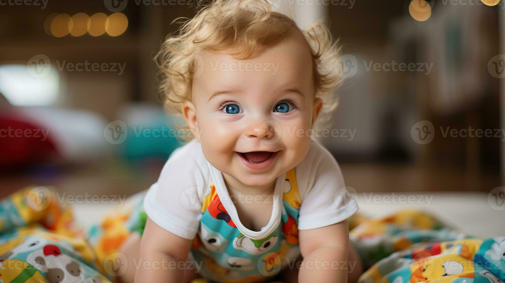 ai généré bébé mensonge visage vers le bas dans lit et souriant Heureusement. génératif ai photo